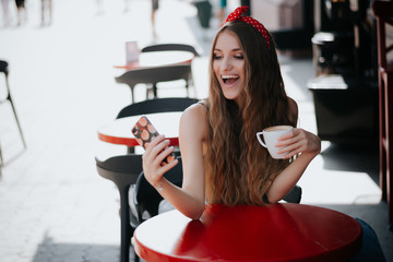 girl drinks coffee. Good morning concept.