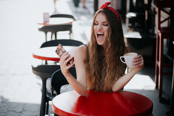 girl drinks coffee. Good morning concept.