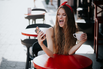 girl drinks coffee. Good morning concept.