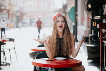 girl drinks coffee. Good morning concept.