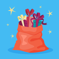 Red Santa bag full of christmas gifts