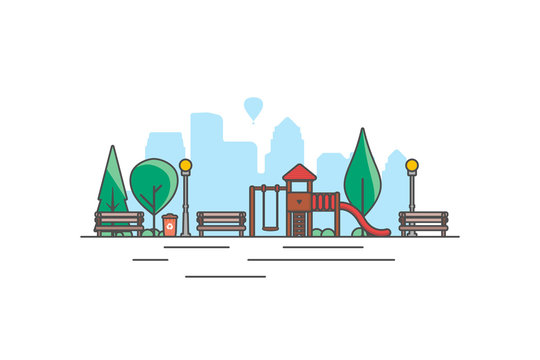Public park in the city with children playground. Vector illustration.

