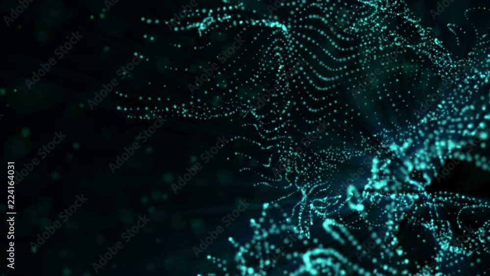 Poster blue glowing particles animated against a dark background. 3d rendering abstract background with dep