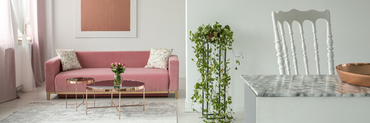 Real photo of open space living room interior with fresh plant, pink couch with lastrico cushions, flowers placed on metal table and poster on white wall - obrazy, fototapety, plakaty