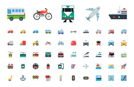 All type of Transport, Transportation, Logistics, Delivery, Shipping, Railway, Airways, Ambulance, Emergency car symbols, emojis, emoticons, flat style vector illustration icons set, collection. 
