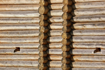 Wall with log house in the house as a background