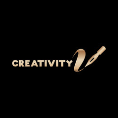 Art Creativity golden lettering logo design with calligraphic pen silhouette. Calligraphy school with bronze handdrawn fonts. Gold metal sign on black background. Creativity logotype. Isolated vector