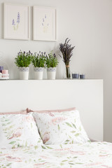 Lavender flowers on headboard of bed with pillows in white bedroom interior with posters. Real photo