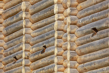Wall with log house in the house as a background