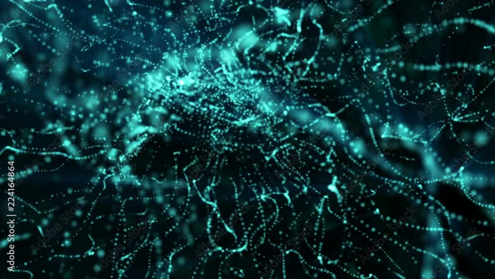 Poster blue glowing particles animated against a dark background. 3d rendering abstract background with dep