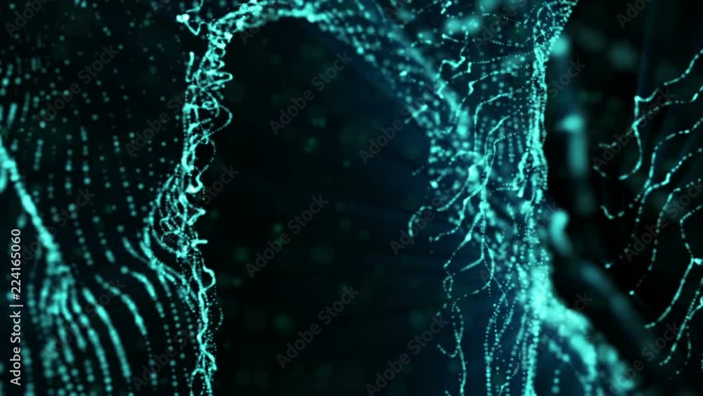 Poster blue glowing particles animated against a dark background. 3d rendering abstract background with dep