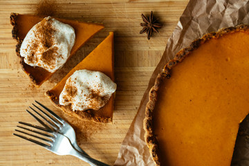 Delicious holiday pumpkin pie for Thanksgiving ready to eat