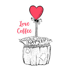 Coffee pot with red heart on stick and red lettering Love Coffee.. Sketch monochrome illustration. Handmade coffee beans pot. Valentines Day gift concept. Love day postcards, Isolated
