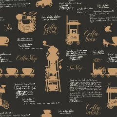 Fotobehang Koffie Vector naadloos patroon op het koffiethema met verschillende koffiesymbolen, vlekken en inscripties op een achtergrond van oud manuscript in retrostijl. Kan worden gebruikt als behang of inpakpapier