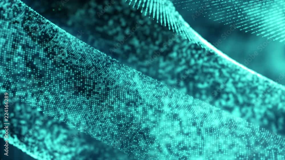 Poster blue glowing particles animated against a dark background. 3d rendering abstract background with dep
