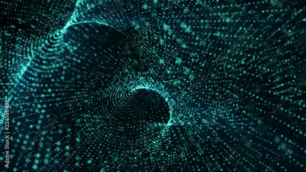Poster blue glowing particles animated against a dark background. 3d rendering abstract background with dep