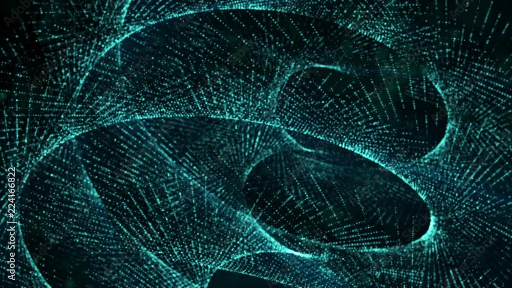 Poster blue glowing particles animated against a dark background. 3d rendering abstract background with dep