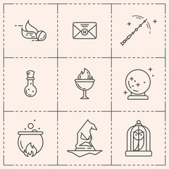 Magic vector icon set. Wizard equipment. Line style