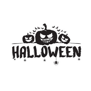Happy Halloween text Banner or label. Vector halloween calligraphic text label with scary pumpkin isolated on white