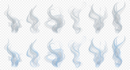 Set of realistic translucent smoke or steam in gray and light blue colors, isolated on transparent background. Transparency only in vector format