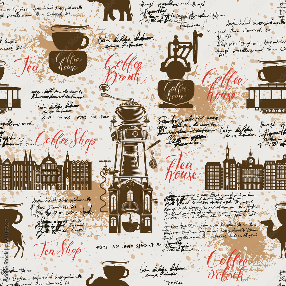 Poster vector seamless pattern on the tea and coffee theme with a various coffee symbols, blots and inscrip