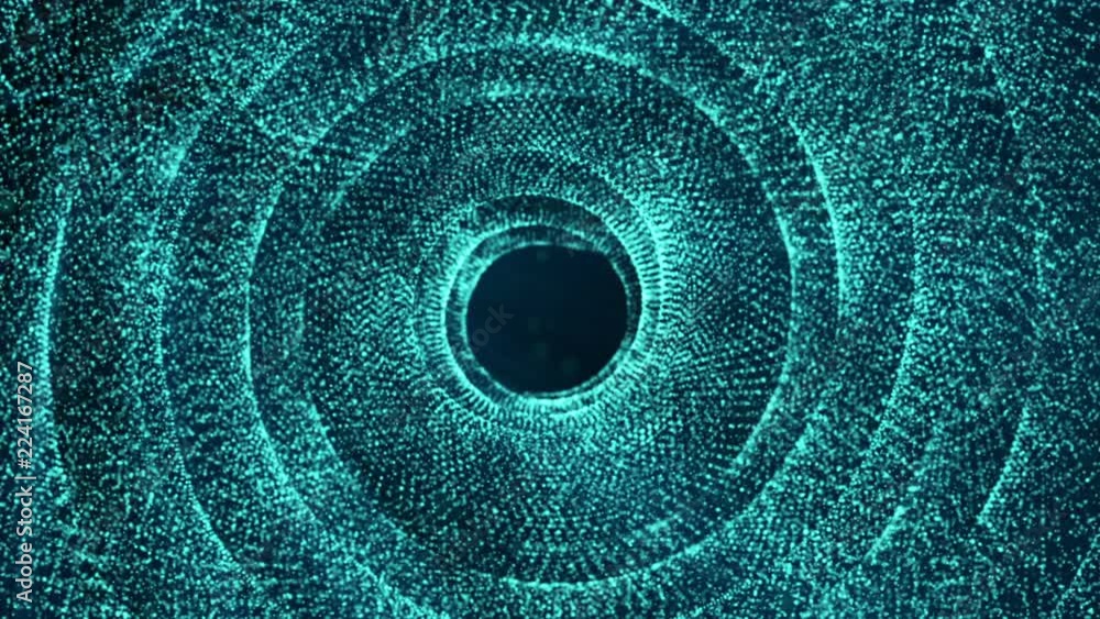 Poster blue glowing particles animated against a dark background. 3d rendering abstract background with dep