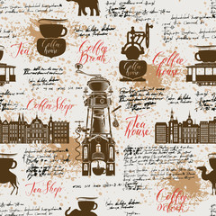 Vector seamless pattern on the tea and coffee theme with a various coffee symbols, blots and inscriptions on a background of old manuscript in retro style. Can be used as wallpaper or wrapping paper