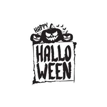 Happy Halloween text Banner or label. Vector halloween calligraphic text label with scary pumpkin isolated on white