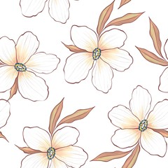 Elegance seamless pattern with white flowers on brown