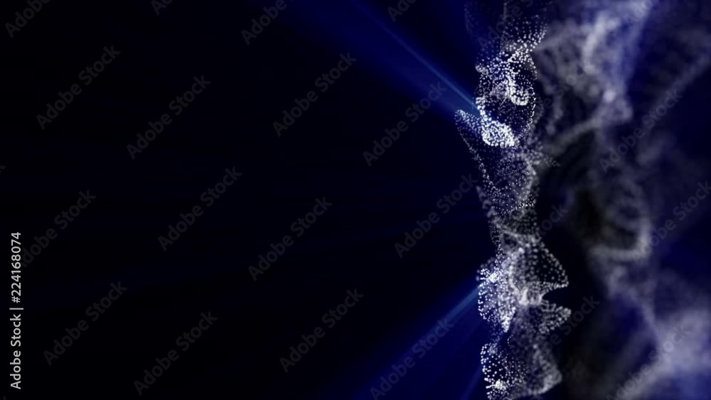 Poster blue glowing particles animated against a dark background. 3d rendering abstract background with dep