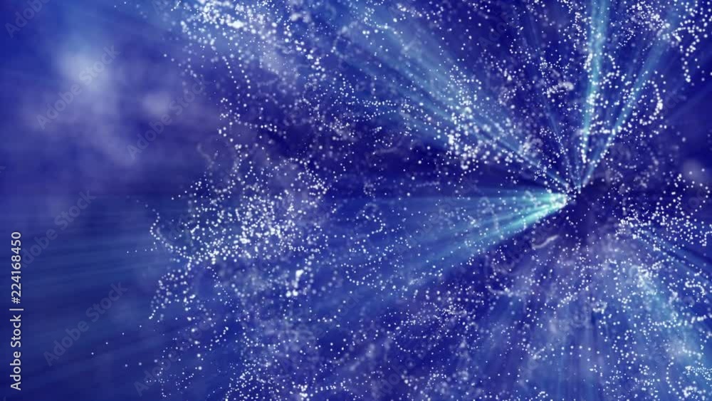 Poster blue glowing particles animated against a dark background. 3d rendering abstract background with dep