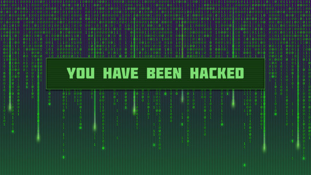 Screen with binary computer code. Code listing like in matrix with message you have been hacking. Template for concept of security, programming and hacking, deep decryption and encryption.