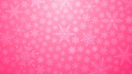 Christmas illustration with various small snowflakes on gradient background in pink colors