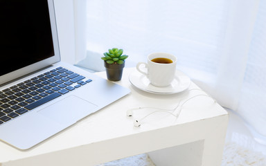 Laptop computer, coffee cup, and potted plant on white table