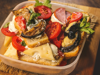 sandwiches in plastic portable box for food. fast food.