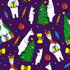 Cute hand drawn seamless pattern with lovely lamas preparing for the new year.