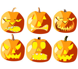 Set of six pumpkins for Halloween, objects isolated on white background