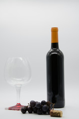 bottle of wine with a cork, grapes and glass