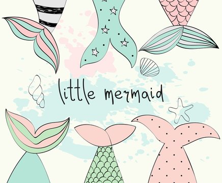 Vector hand drawn illustration with mermaid tails