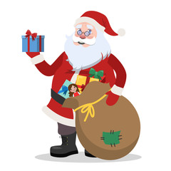 Happy funny Santa Claus holding bag with gifts