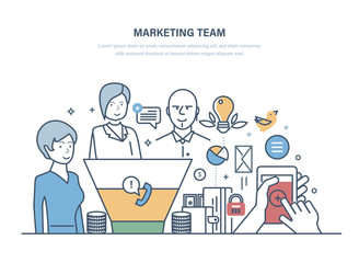 Marketing office team. Teamwork collaboration, statistical and economic research.