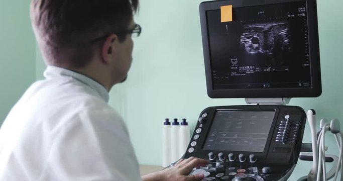 The doctor looks at the monitor of the ultrasound machine.