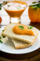 Homemade caviar of vegetables on a slice of bread