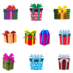 Vector set of colourful gift boxes isolated on white background.
