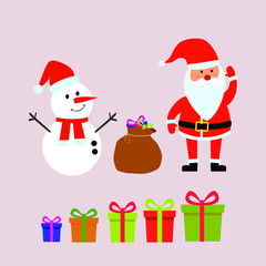Merry Christmas and happy new year greeting Santa Claus, gift bag, reindeer, snowman, gift box set isolated on background vector illustration