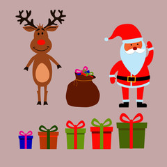 Merry Christmas and happy new year greeting Santa Claus, gift bag, christmas deer, gift box set isolated on background vector illustration