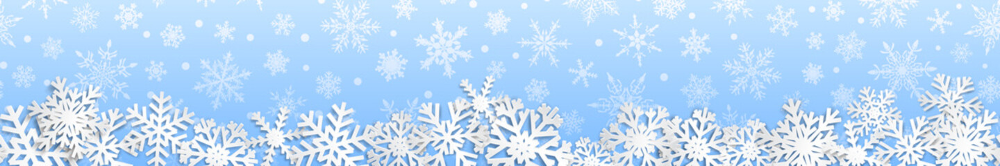 Christmas seamless banner with white snowflakes with shadows on light blue background