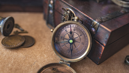 Compass With Wooden Treasure Chest