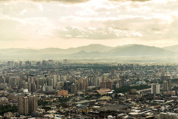 Panoramic view of Santiago de Chile and the surrounding mountains.
