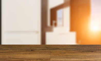 blank wooden table. Flooring. Bathroom interior bathtub. 3D rendering.. Sunset